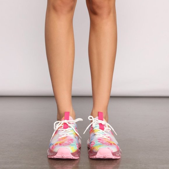 NEW🔥 Pink Multi Tie Dye Lace-Up Stretchy Bubble Air Cushioned Sneaker Slip-On - Picture 4 of 10